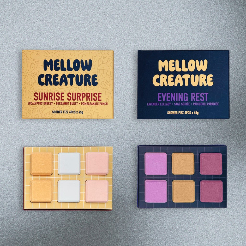 Mellow Creature shower steamer boxes on 6 shower steamer cubes
